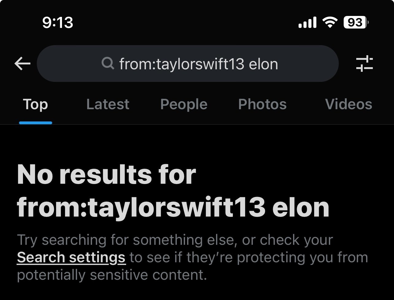 Screenshot of a search query on Twitter for "from:taylorswift13 elon" showing "No results"