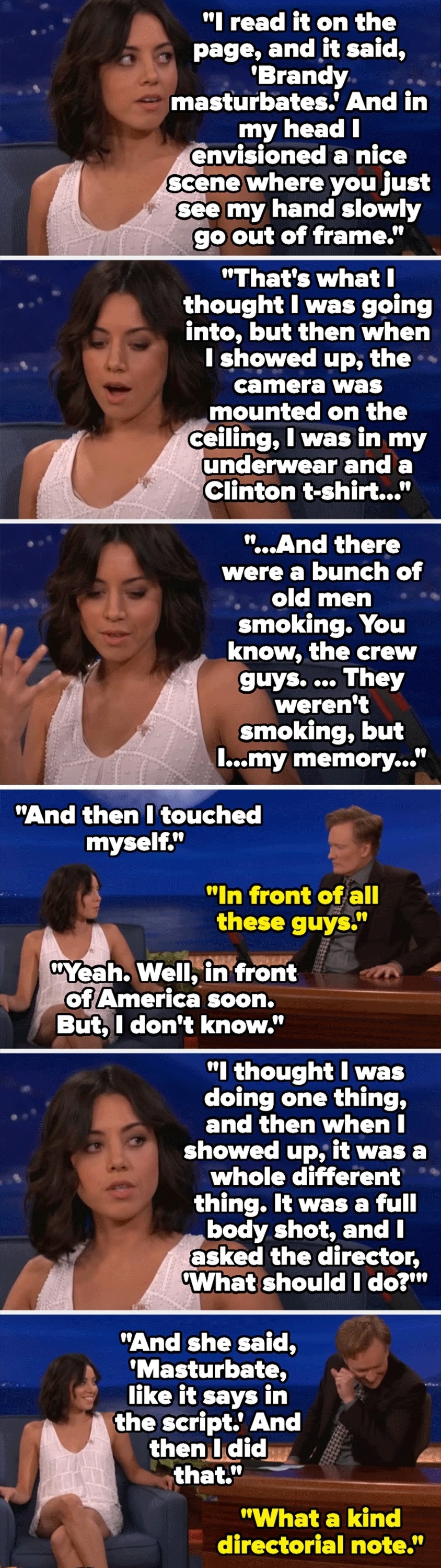 Aubrey Plaza on a talk show shares a funny story about a film scene with a giant lightbulb, a table, and directional notes. Text highlights comedic moments