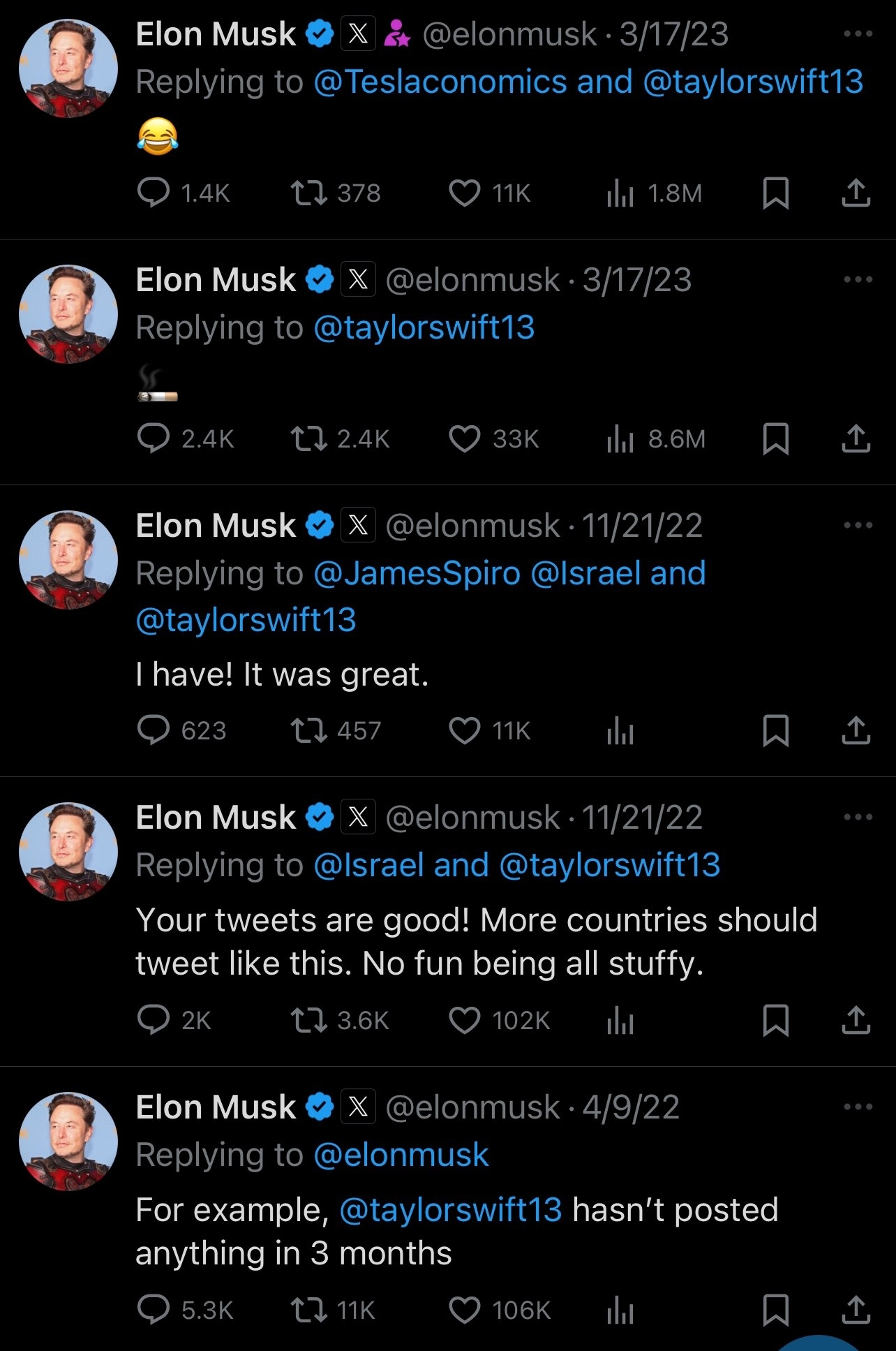 More tweets from Elon to Taylor from 2023 and 2022