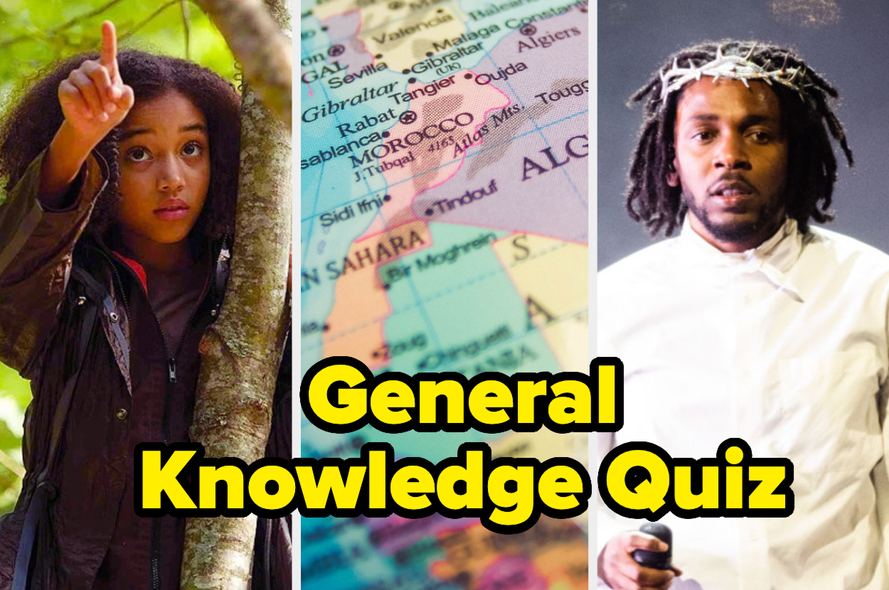 Child pointing up, a map with Africa visible, and Kendrick Lamar in a white shirt. Central yellow text reads, "General Knowledge Quiz."