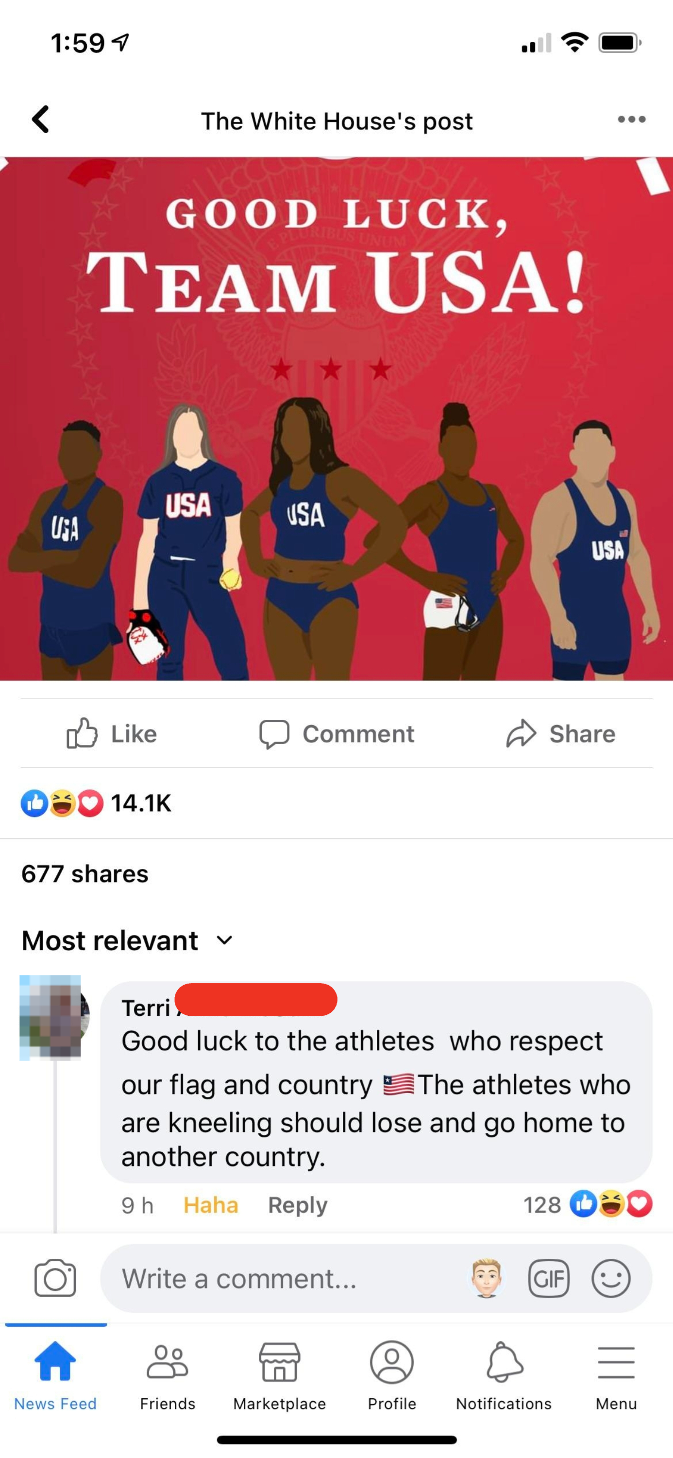 Illustration with six athletes in USA-themed outfits. Text reads "Good Luck, Team USA!" Facebook post by The White House. Top comment criticizes athletes kneeling