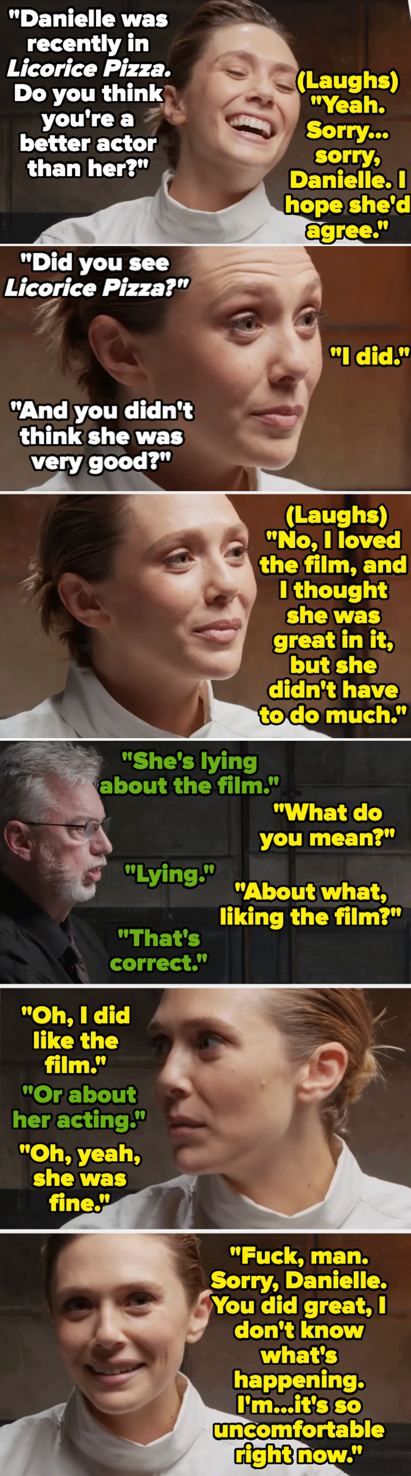 SNL sketch featuring actors discussing the movie "Licorice Pizza": Danielle mentions enjoying it, others humorously contradict her