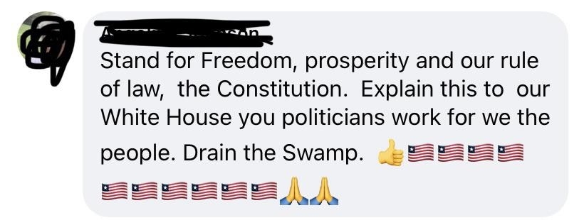 Text message stating: "Stand for Freedom, prosperity and our rule of law, the Constitution. Explain this to our White House you politicians work for we the people. Drain the Swamp." Followed by emoji of American flags, thumbs up, and praying hands