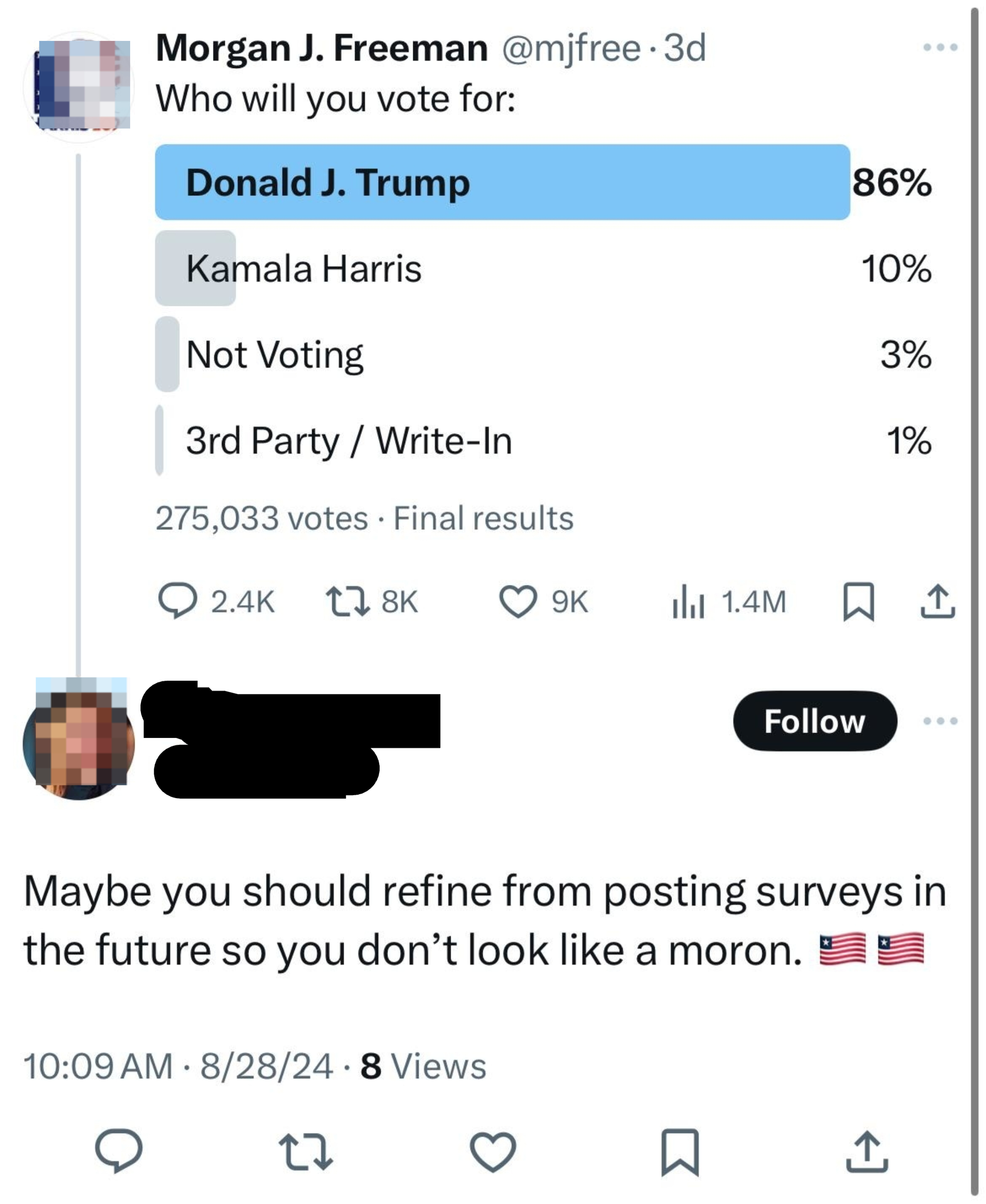 Poll by Morgan J. Freeman shows Donald J. Trump at 86%, Kamala Harris at 10%, Not Voting at 3%, and 1% for Other. Brenda Schuler comments critically on the poll