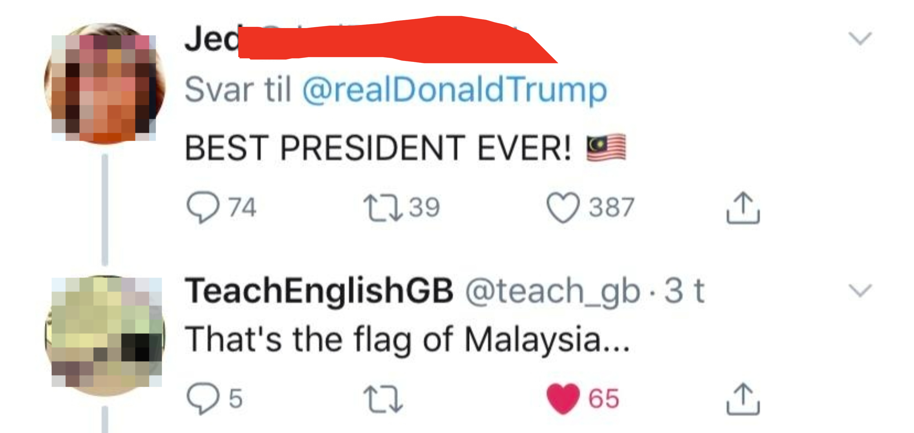 Jed tweets, "BEST PRESIDENT EVER!" with a Malaysian flag emoji. TeachEnglishGB replies, "That's the flag of Malaysia…" with 65 likes