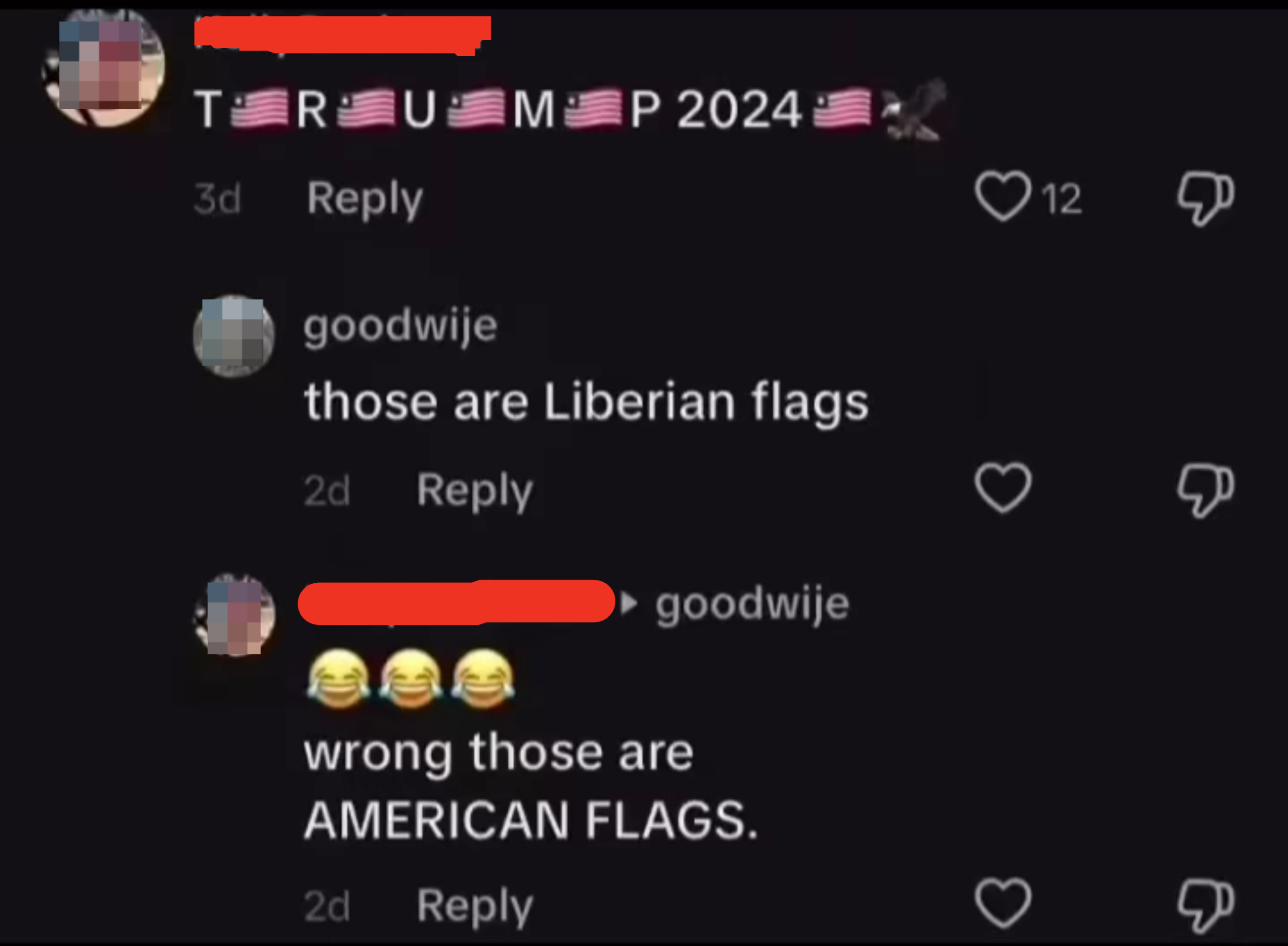 Facebook exchange: KellyRuehmer posts "T R U M P 2024" with flag emojis. Goodwije replies "those are Liberian flags." KellyRuehmer counters "wrong those are AMERICAN FLAGS" with laughing emojis