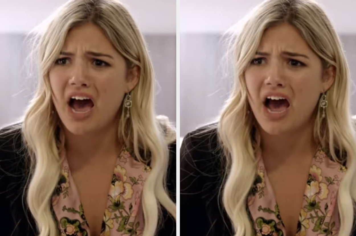 A woman with long, wavy hair is shown twice, with a distressed expression, wearing a floral top and dark blazer