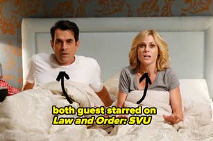 Ty Burrell and Julie Bowen in bed holding blankets with text "both guest starred on Law and Order: SVU."