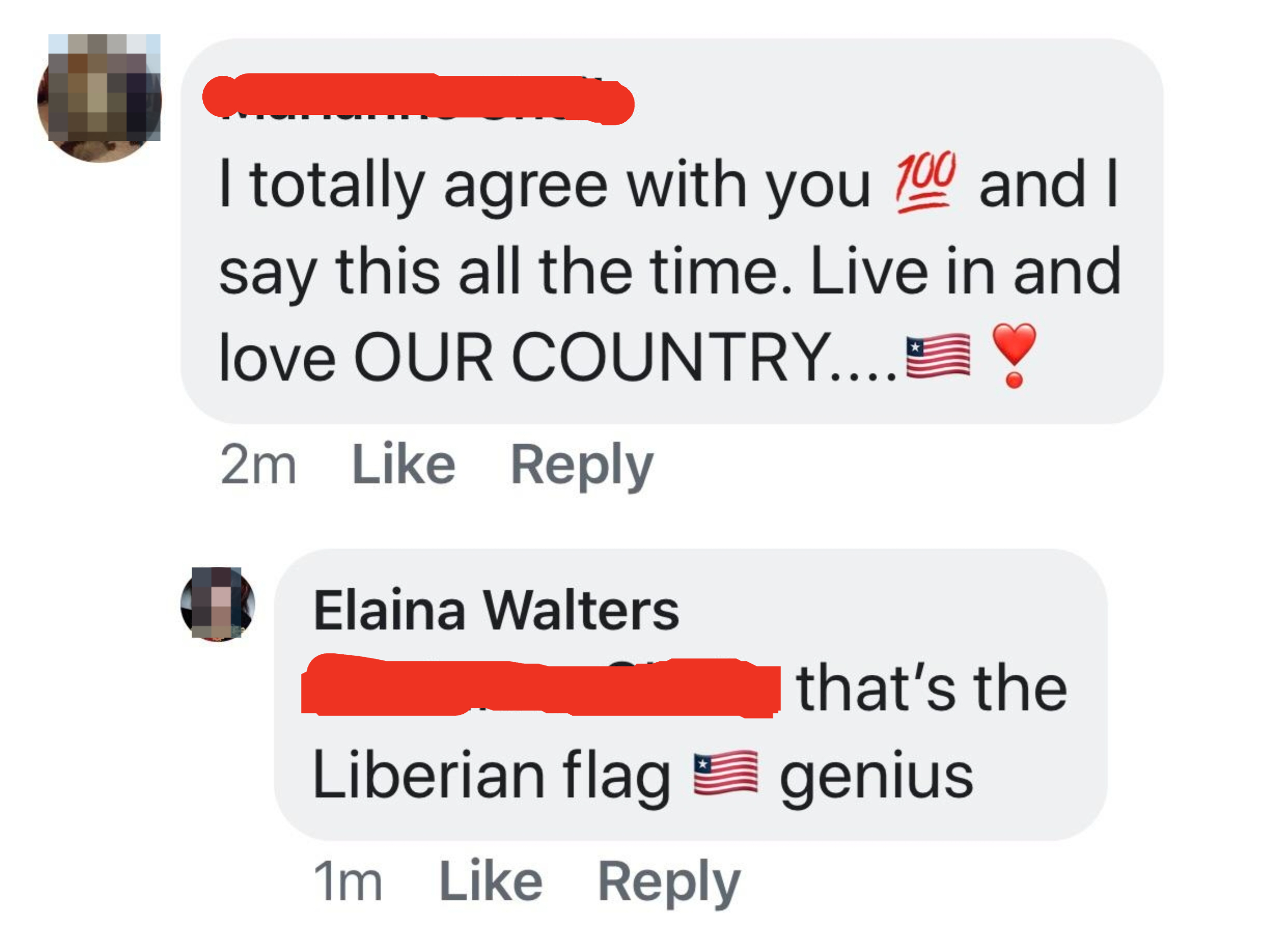 Marianne Sheils states support for their country using emojis. Elaina Walters points out the flag emoji used is of Liberia