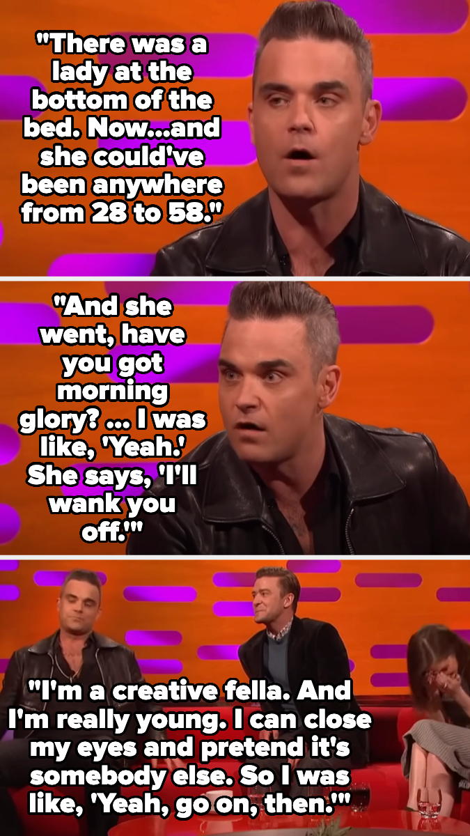 Three-panel image of Robbie Williams on a talk show sharing an anecdote involving a woman at the foot of his bed. He humorously recounts the interaction
