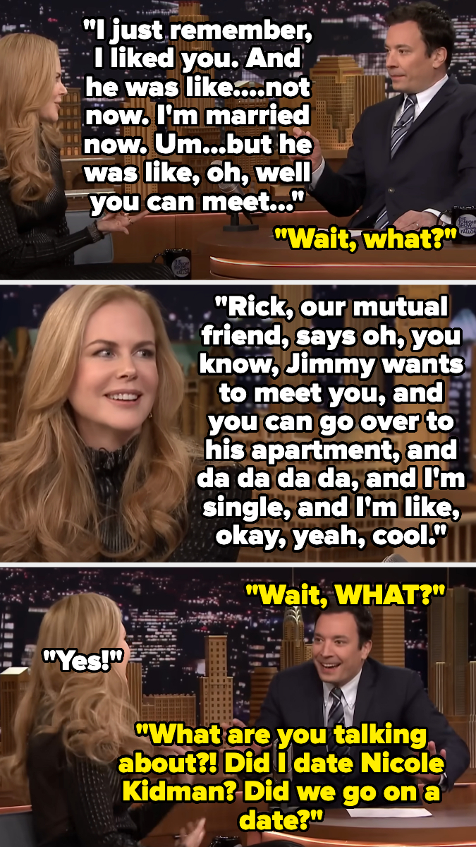 Nicole Kidman and Jimmy Fallon on "The Tonight Show" discuss a past meeting, with Nicole recalling an awkward encounter. Jimmy is surprised and confused