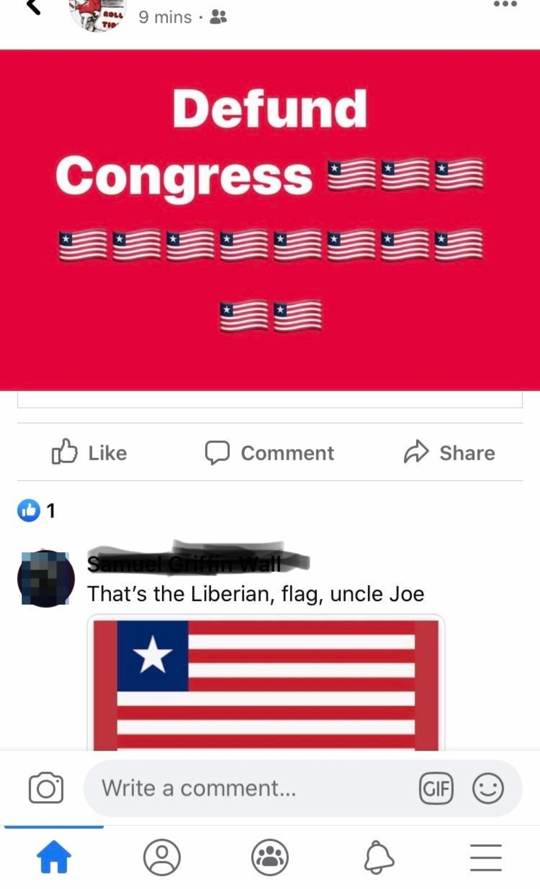 A Facebook post reads "Defund Congress" with multiple flag emojis. Comment below by Samuel notes that the flag shown is the Liberian flag