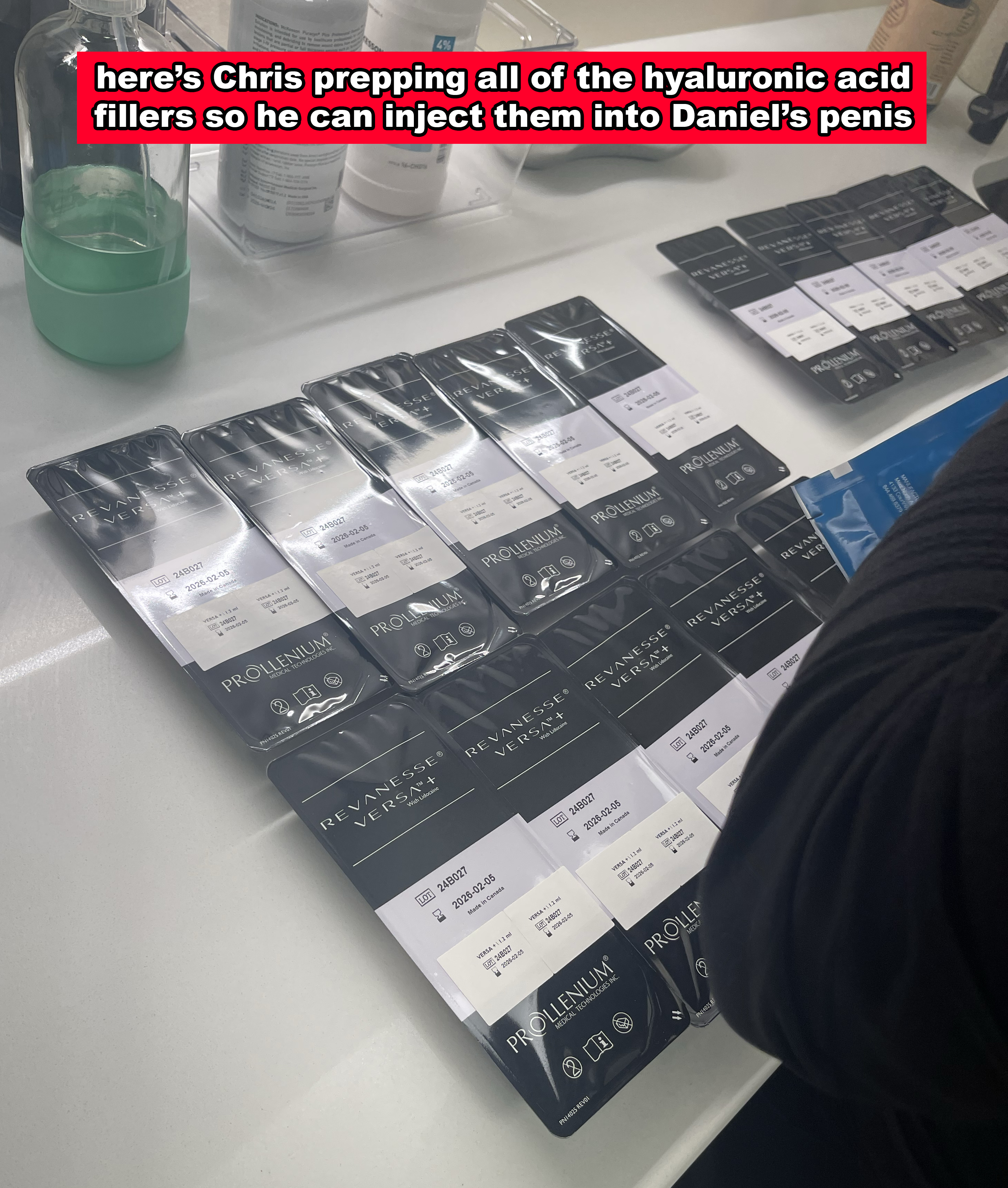 Several medical packages of hyaluronic acid fillers lined up on a table next to medical gloves, with text reading: "Here's Chris prepping all of the hyaluronic acid fillers so he can inject them into Daniel's penis"