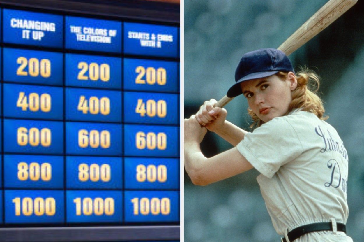 "Jeopardy! game board next to Geena Davis playing baseball, holding a bat, dressed in a vintage baseball uniform."