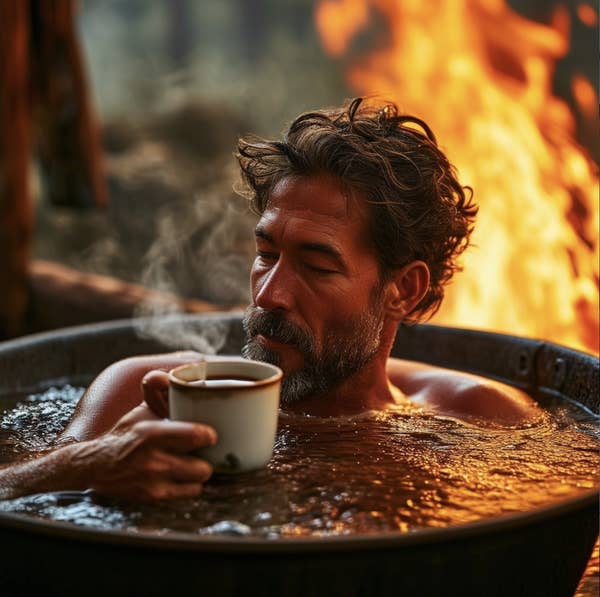 Man with beard relaxing in a hot tub, holding a steaming cup of coffee. Fire burning in the background. No names provided