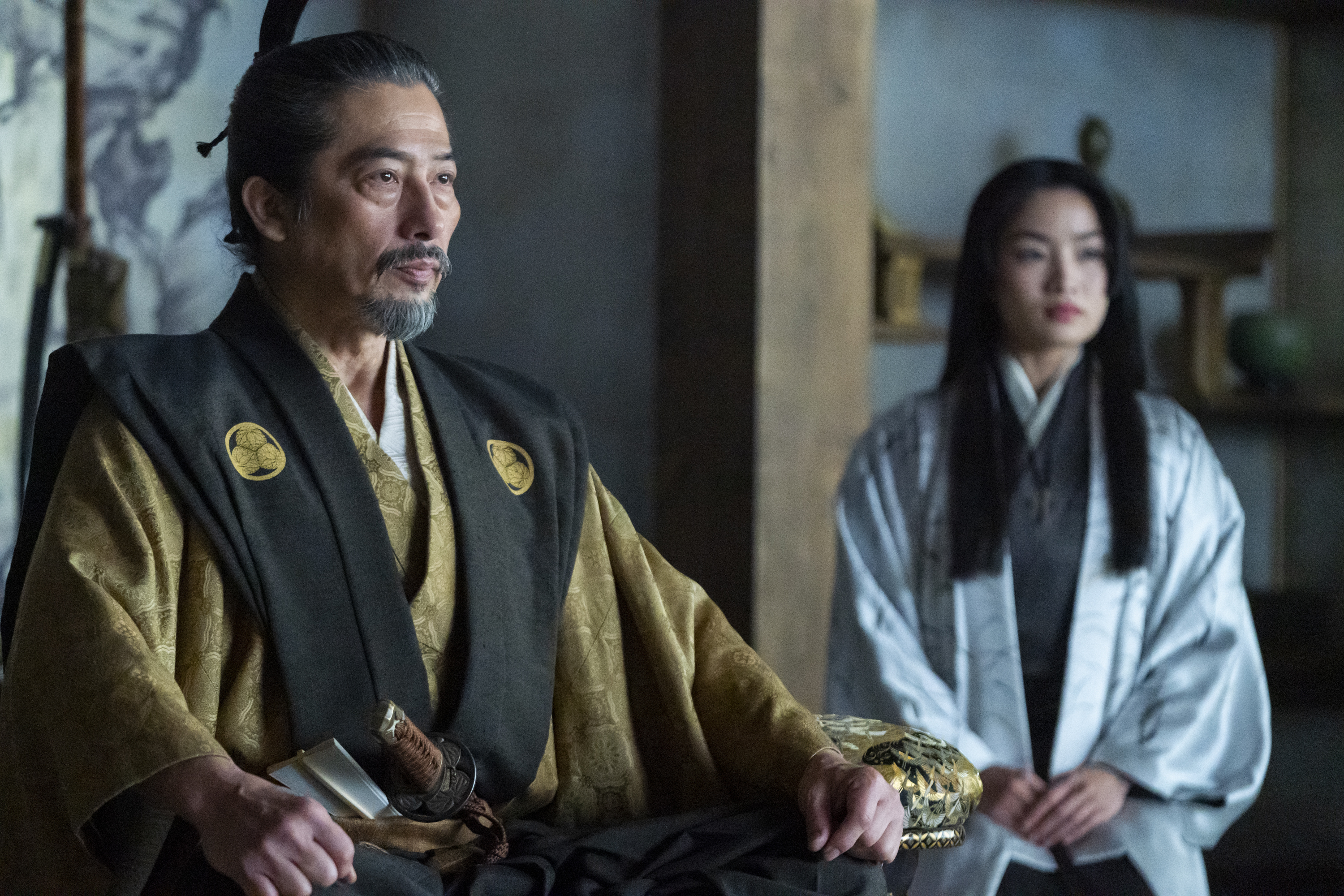 Hiroyuki Sanada and Kiki Sukezane in traditional Japanese clothing in a scene from &quot;Shōgun&quot;