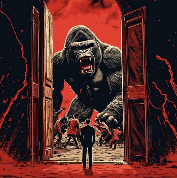 A person in a suit stands in front of large open doors, looking at a giant roaring gorilla among fleeing people