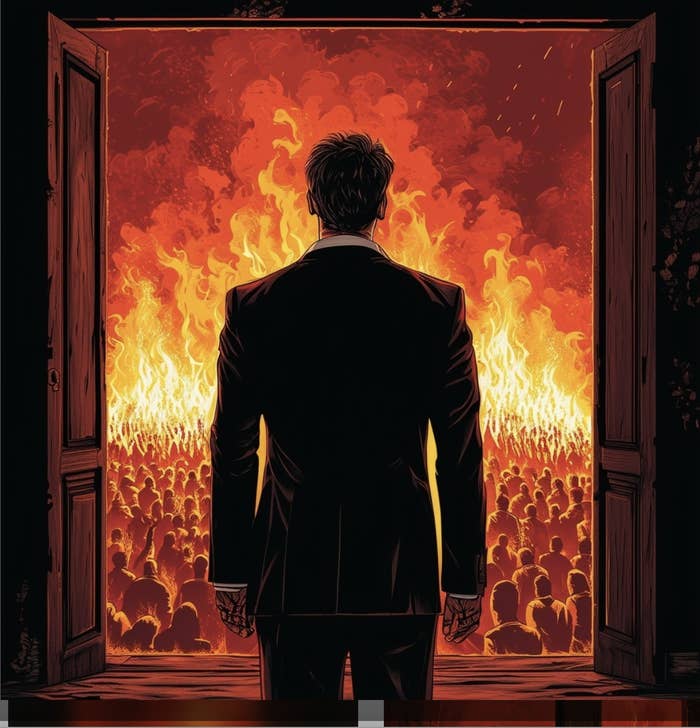 A man in a suit stands in front of open doors, facing a large crowd with a massive fire in the background