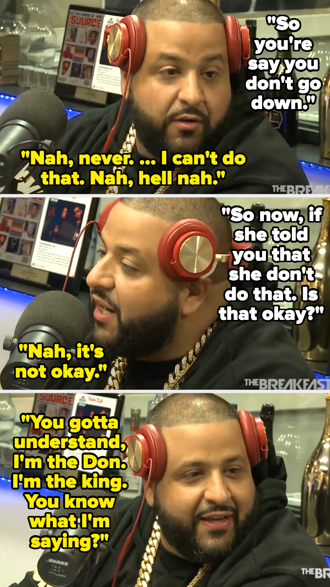 DJ Khaled on a radio show with red headphones, expressing disagreement on a topic. Four text quotes overlay the image summarizing his stance and self-assured persona