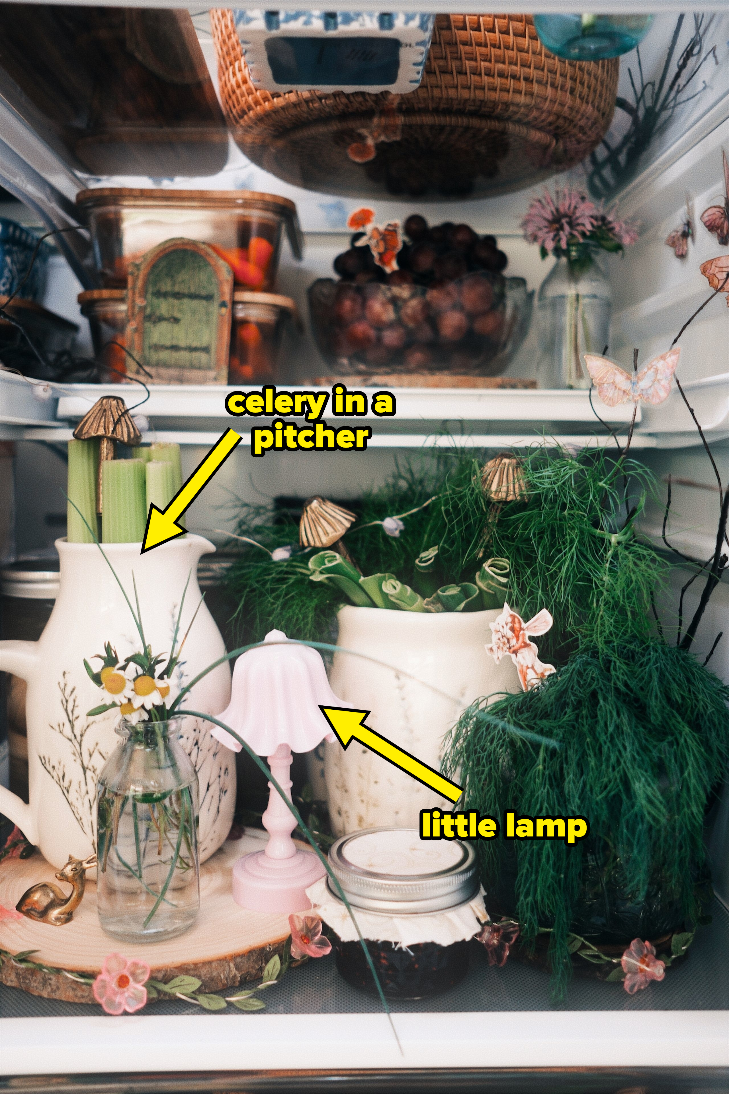 Unconventional refrigerator interior decor featuring potted plants, a small lamp modeled like a mushroom, and decorative jars and bottles