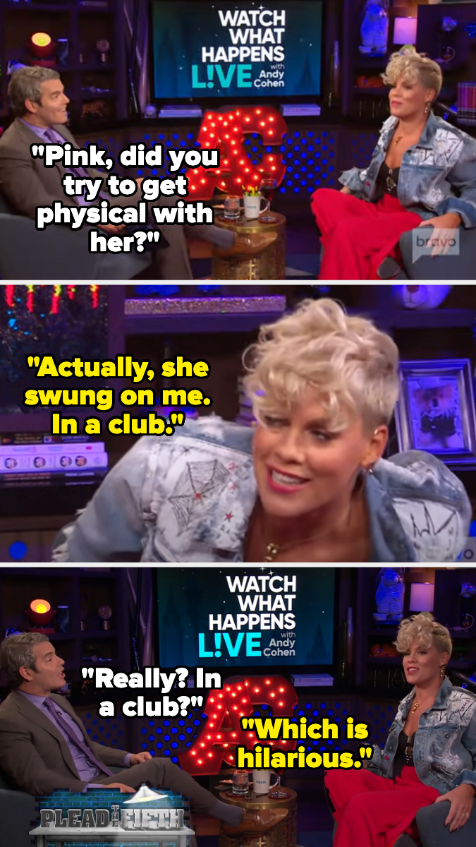 Andy Cohen and Pink discussing a past altercation involving Pink at a club while on the show "Watch What Happens Live."