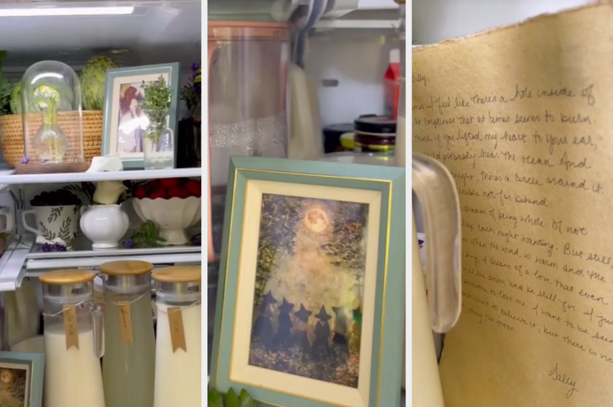 The image shows a series of photographs depicting various items inside a refrigerator, including framed pictures and a handwritten letter