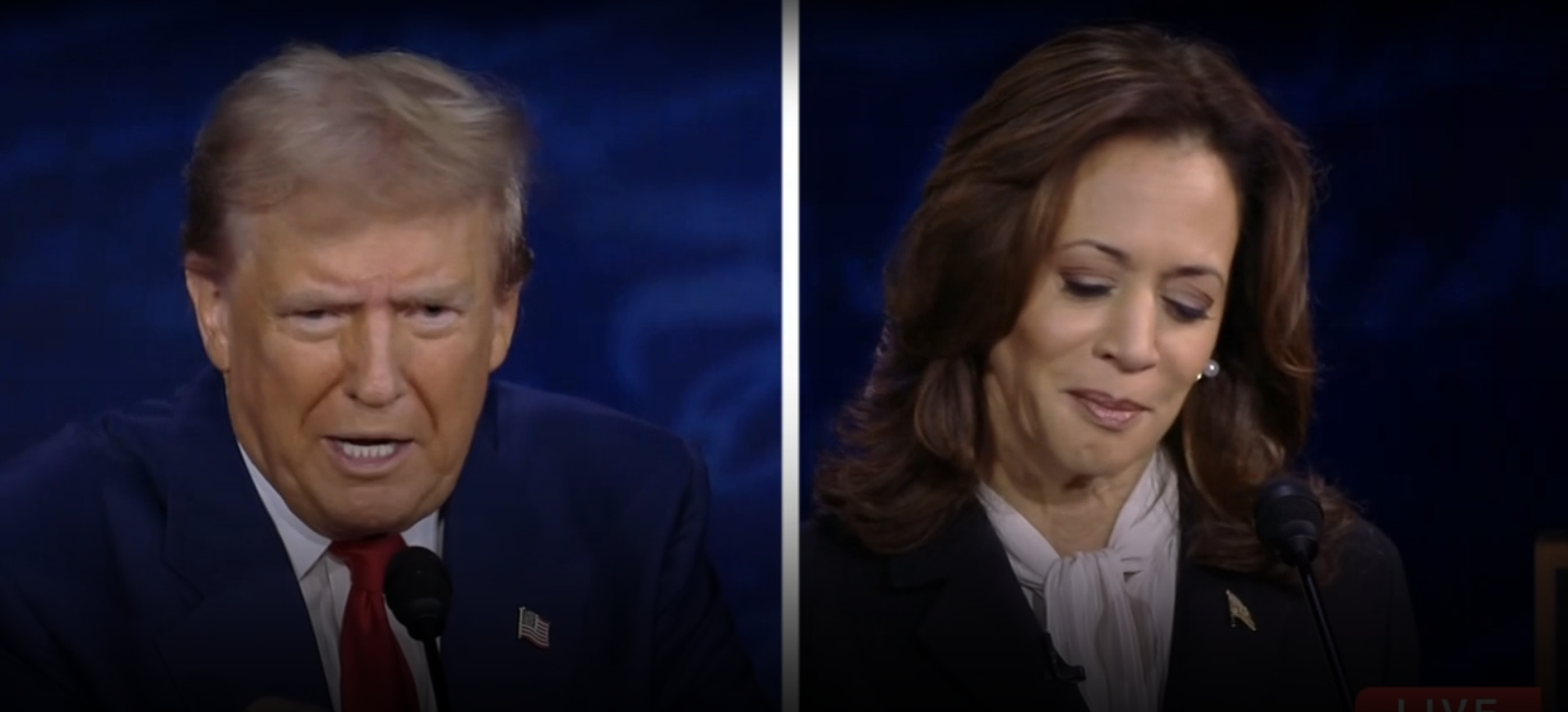Donald Trump and Kamala Harris at a televised event, both speaking into microphones