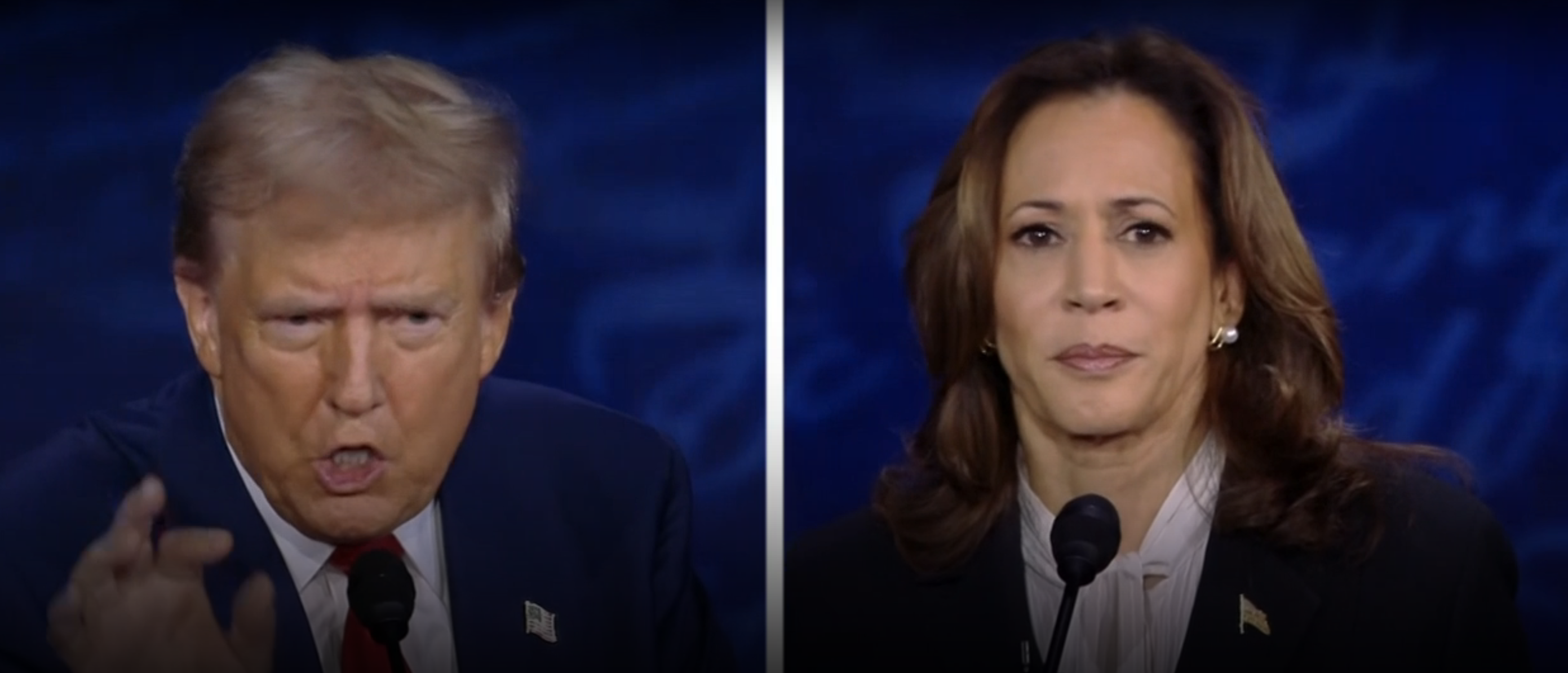 Donald Trump and Kamala Harris are shown speaking at podiums, with serious expressions, during a televised event