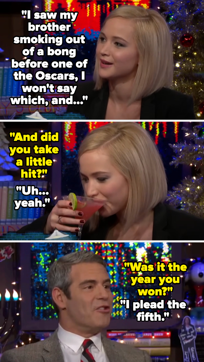 Jennifer Lawrence discusses her brother smoking before the Oscars, humorously pleads the fifth when asked about taking a hit. Andy Cohen interviews her
