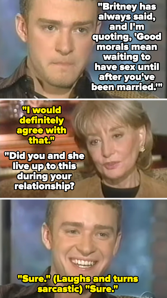 Justin Timberlake responds sarcastically in an interview with Barbara Walters about Britney Spears' statement on sex and marriage