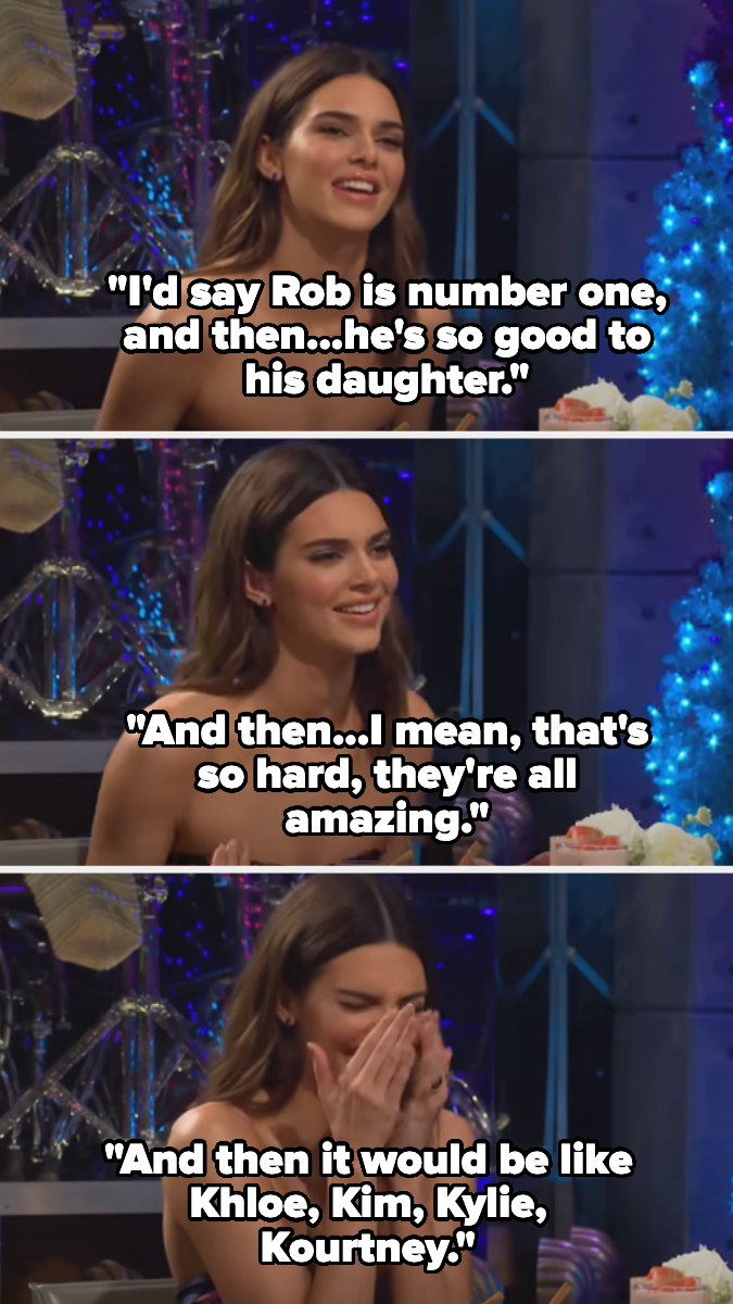 Kendall Jenner is ranking family members in three images on a talk show. She praises Rob Kardashian and names Khloe, Kim, Kylie, and Kourtney Kardashian