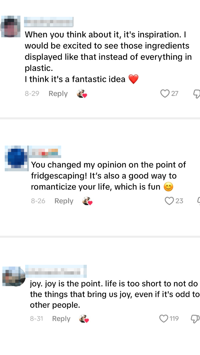 Three comments discussing fridgescaping: top says it's inspiring with a heart emoji; middle says it's fun with a smiling face emoji; bottom promotes joy with a rose emoji