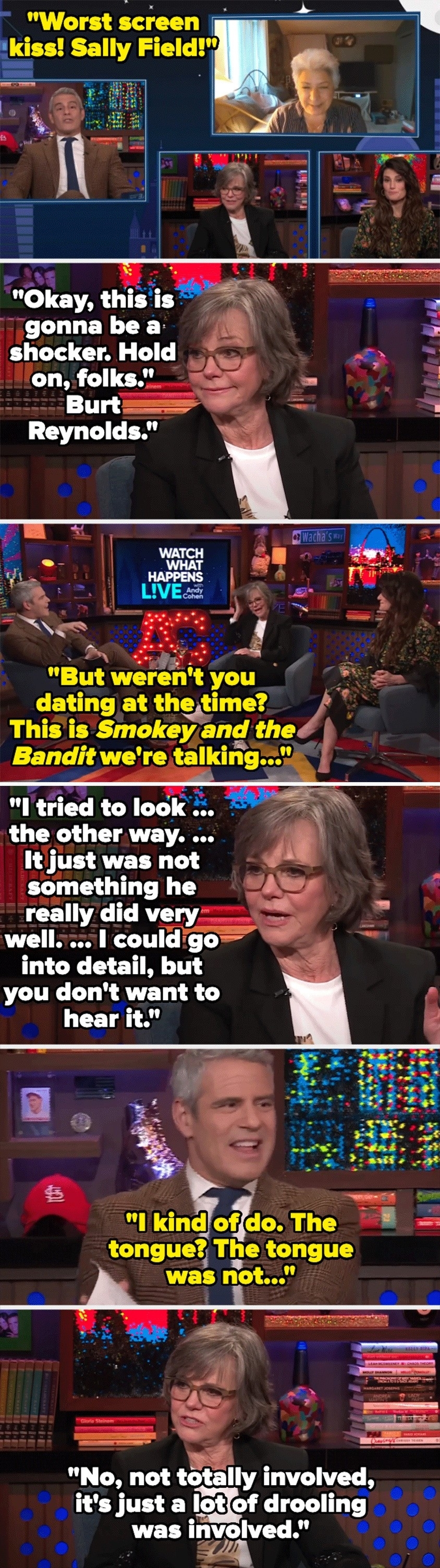 Compilation of images showing Sally Field discussing kissing Burt Reynolds on a talk show, mentioning it was not enjoyable, with humorous commentary