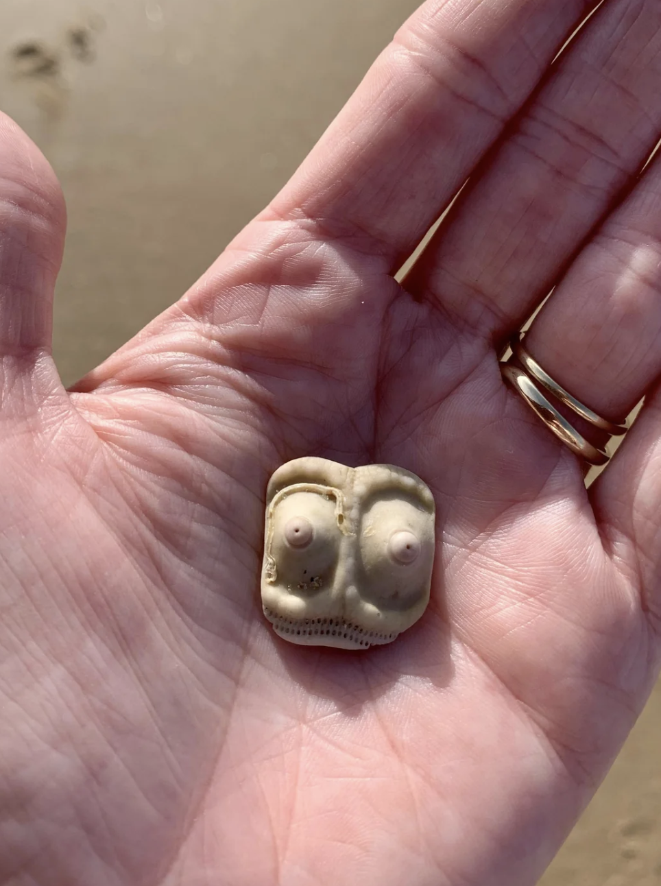 A hand with three rings holds a small object resembling a humanoid face or bust with pronounced features