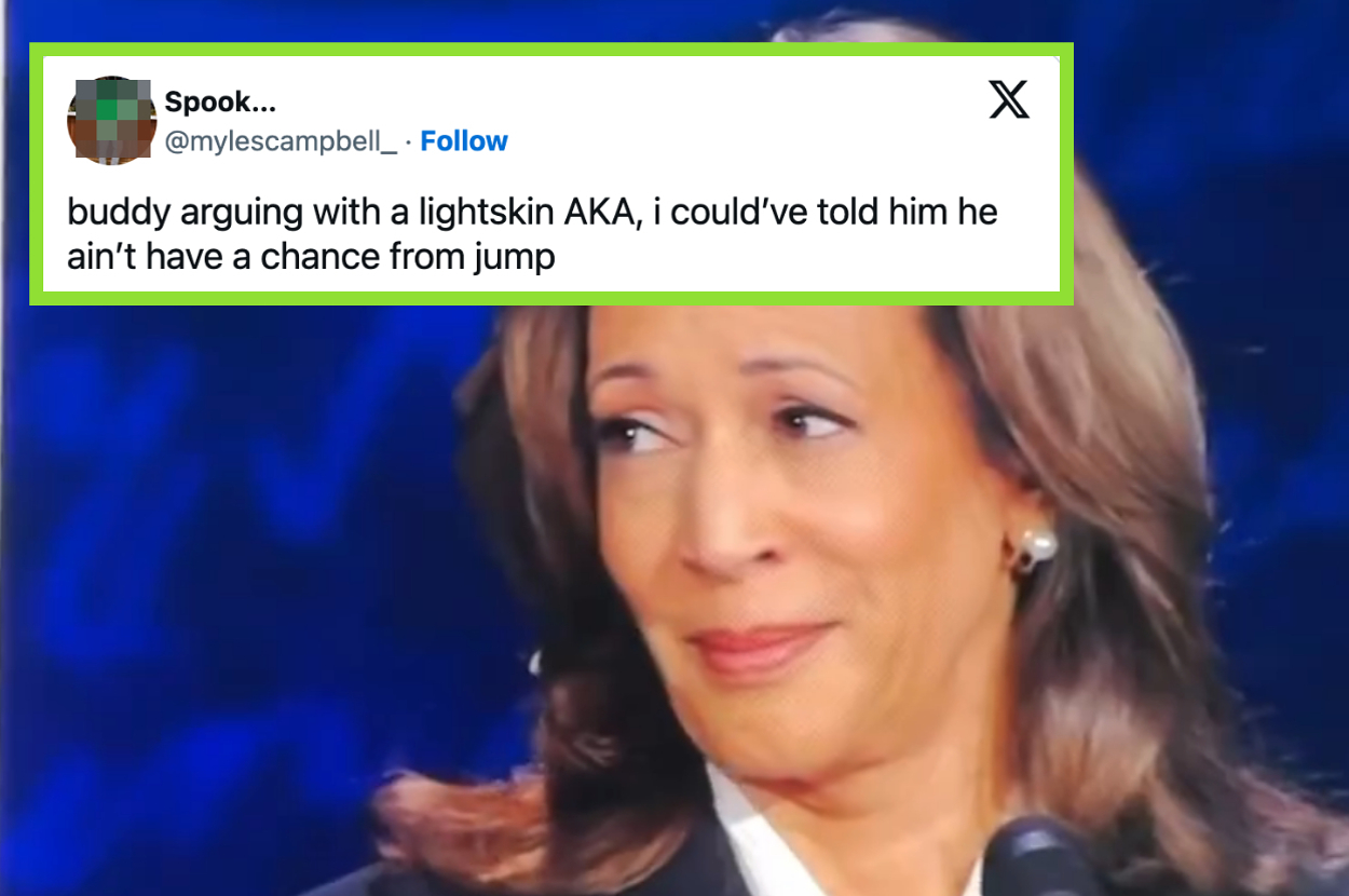 A woman is smiling with a tweet overlaid that reads: "buddy arguing with a lightskin AKA, i could’ve told him he ain’t have a chance from jump."