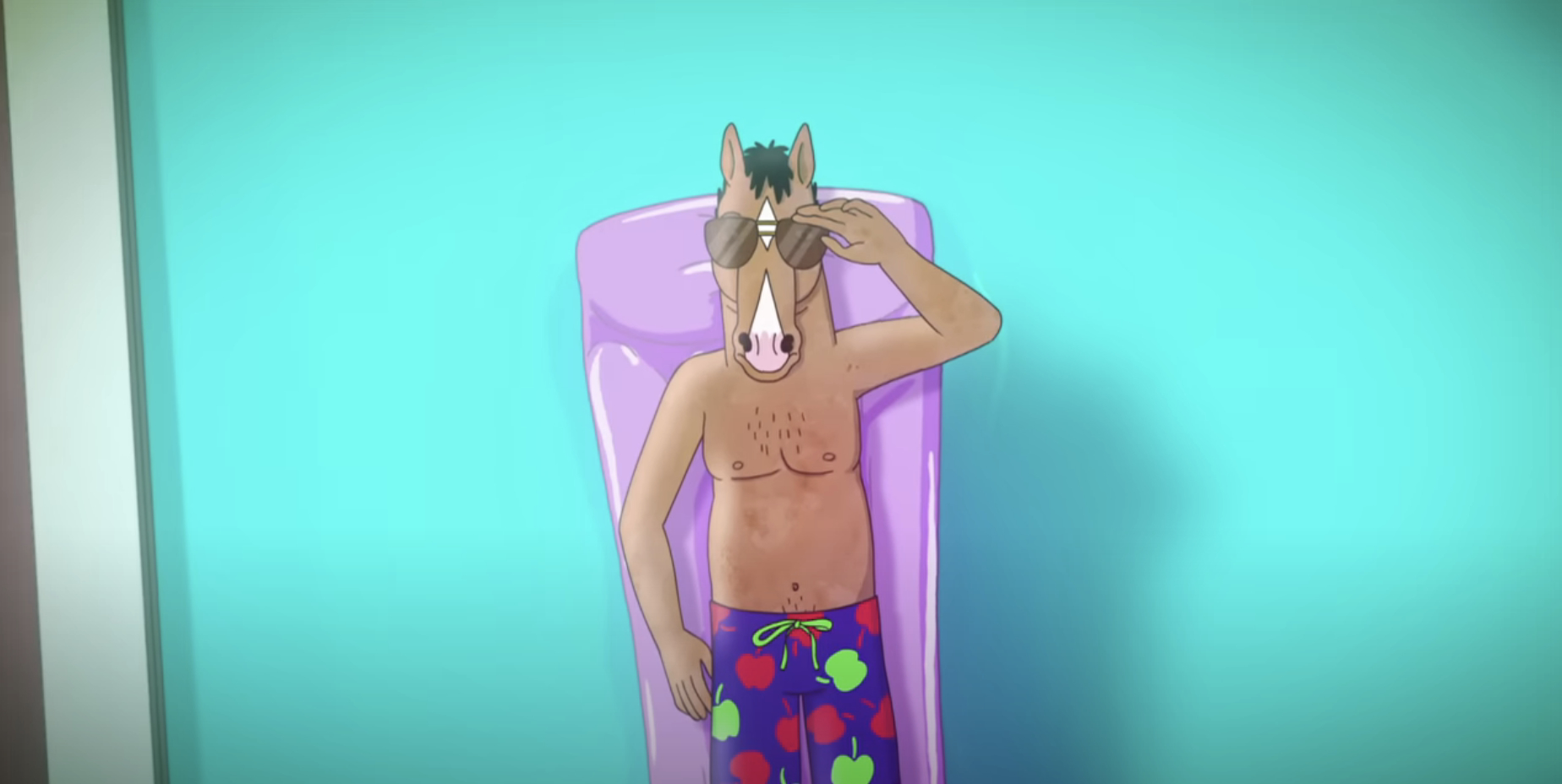 Bojack Horseman lounges on a float in a pool, wearing sunglasses, colorful swim shorts, and exposing his chest