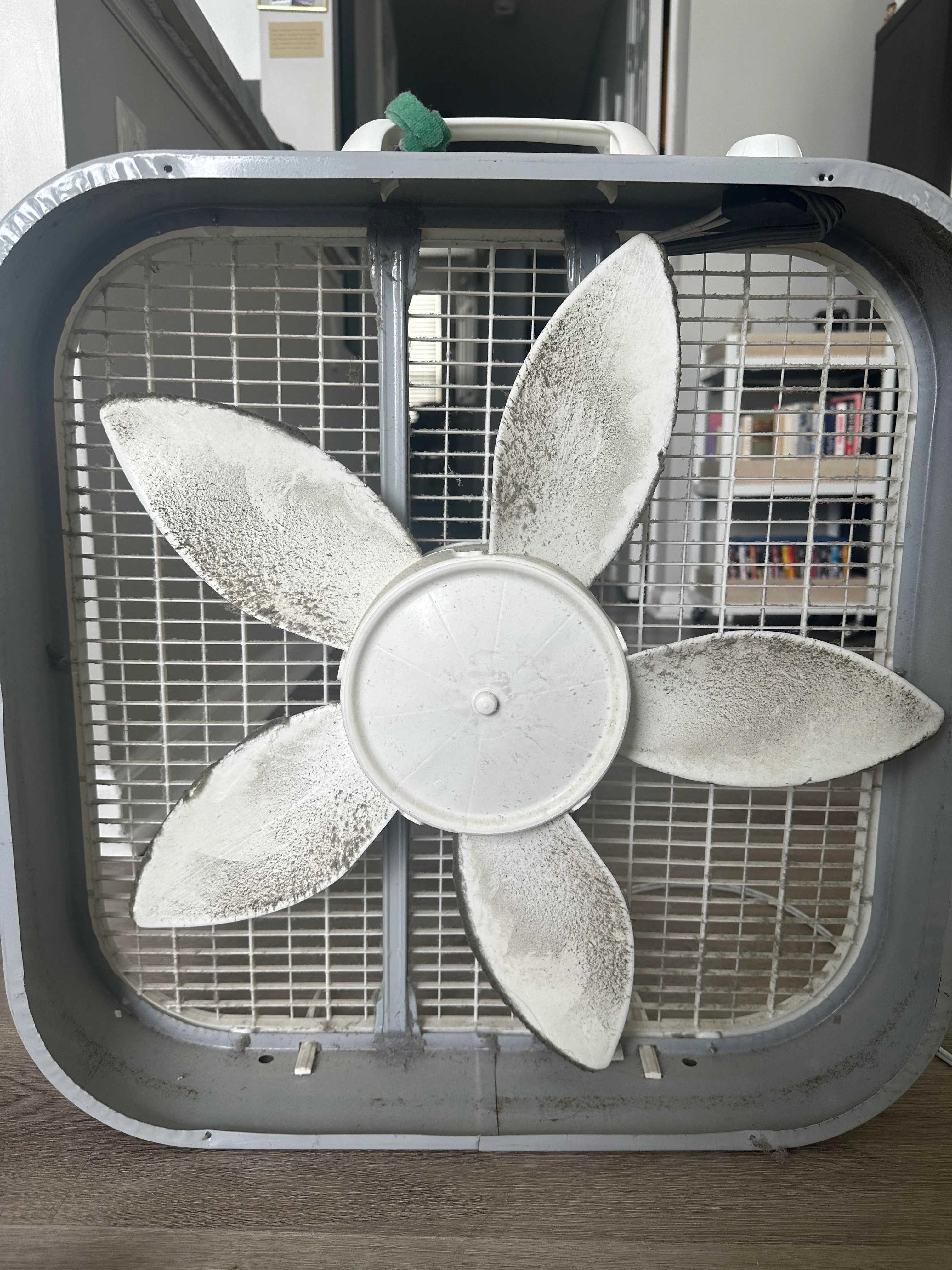A box fan with visible dirt and dust on the blades is placed on a wooden floor. There are shelves and other household items in the background