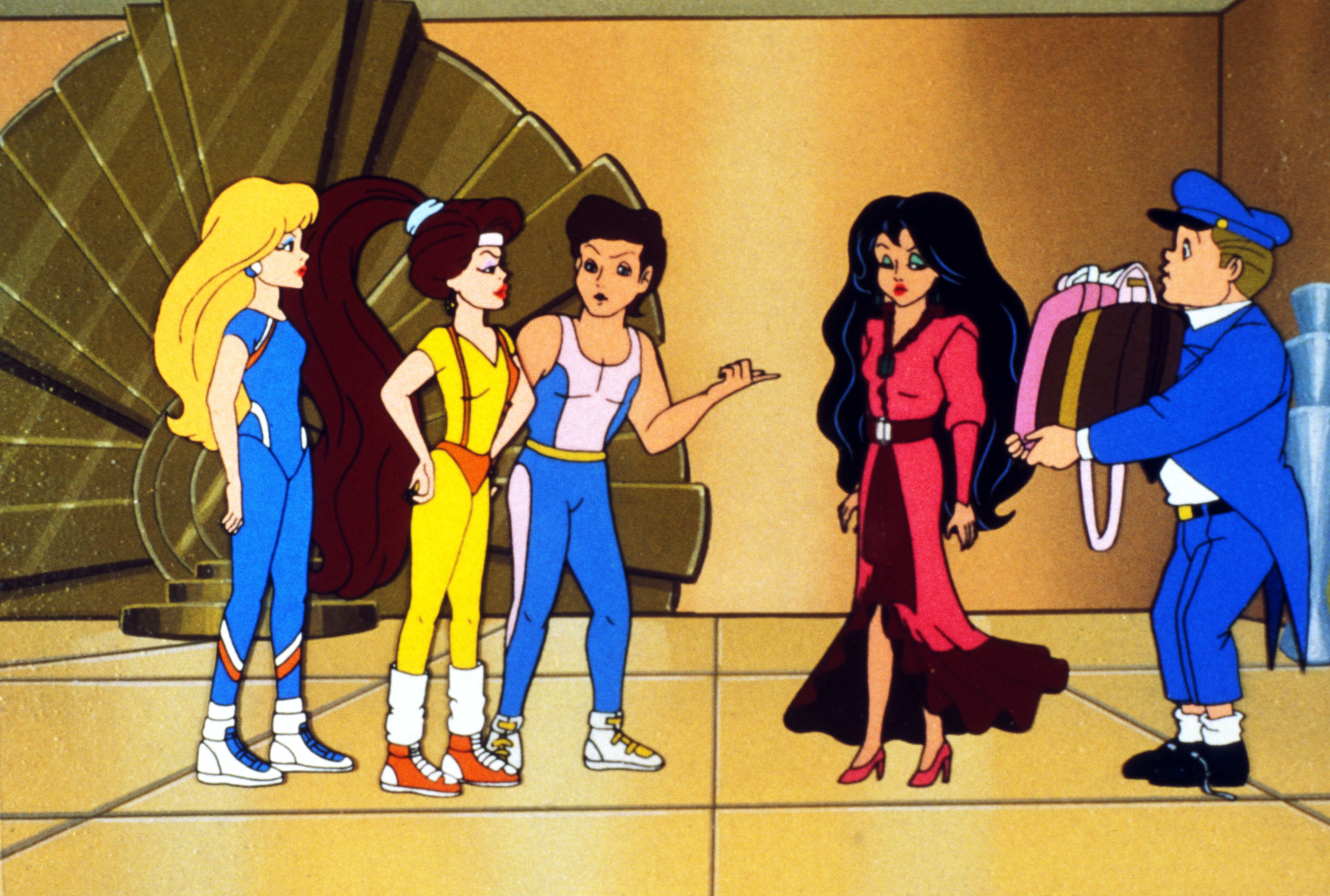 Animated characters Jem, Kimber, Aja, Shana, and Eric Raymond in a scene. Eric holds clothes on hangers while the others appear to be in conversation