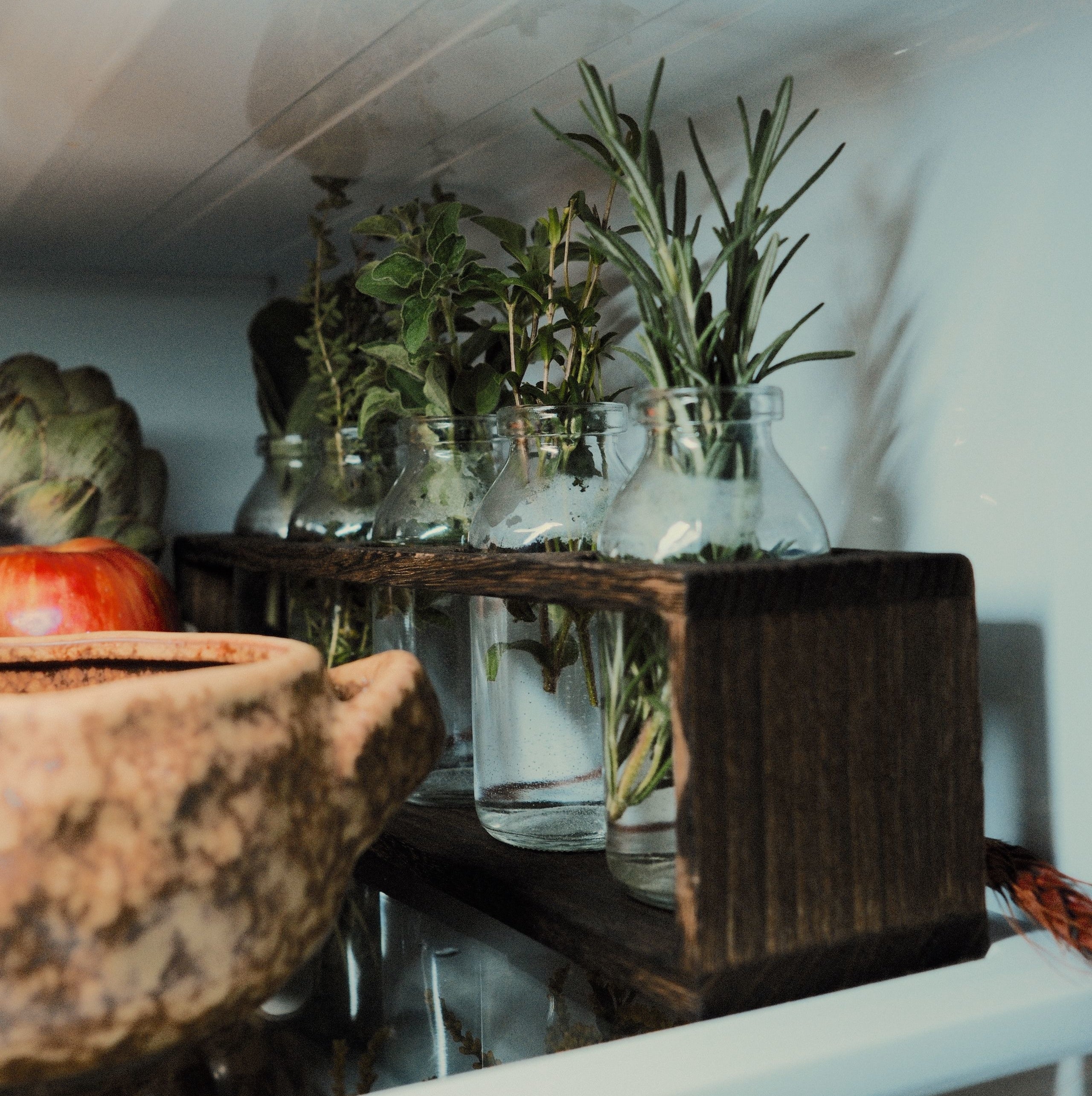 Herbs arranged in small glass bottles inside a fridge, next to a dish and an artichoke