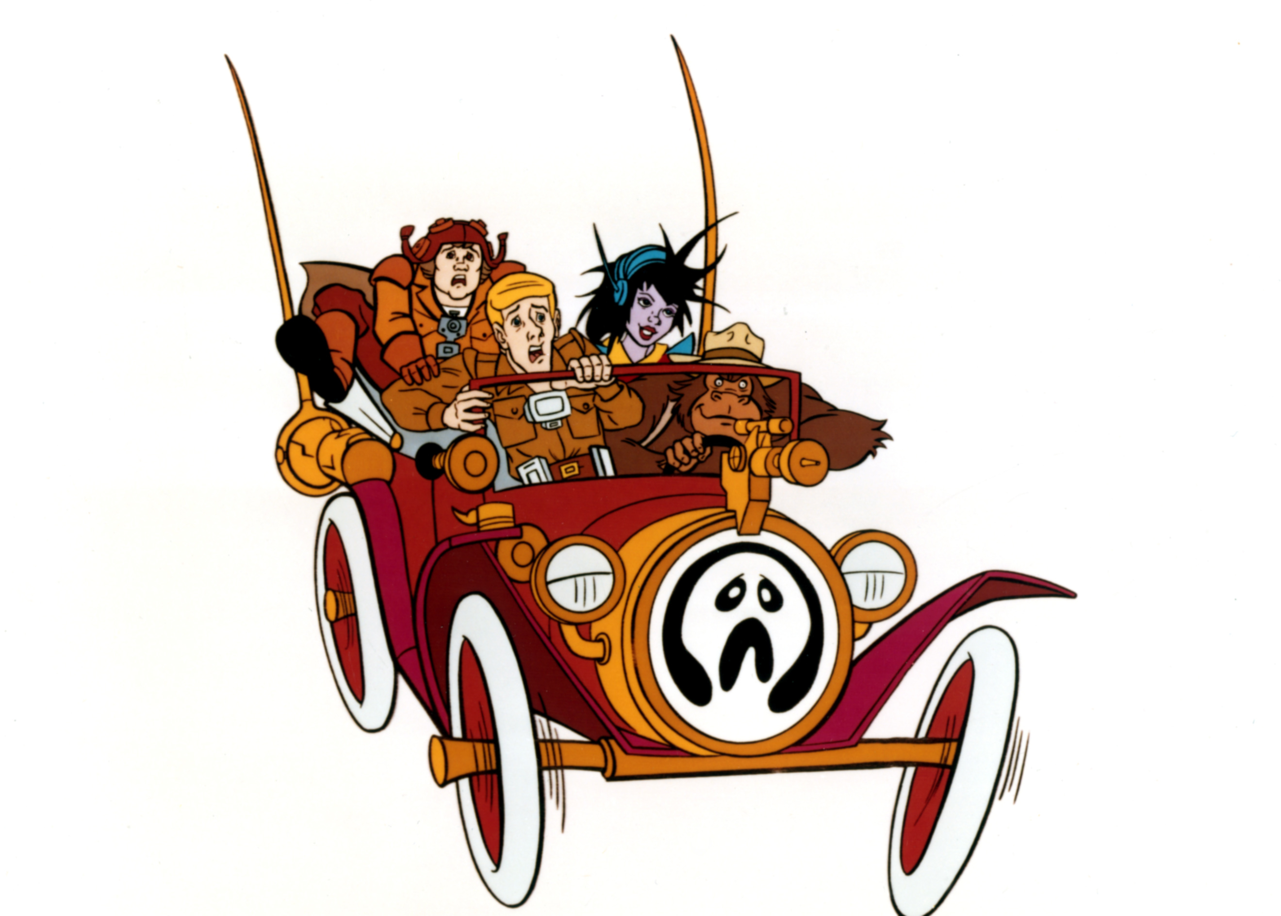 Shaggy, Daphne, and Velma ride in a vintage car with a ghost emblem on the front, excitedly escaping in a classic scene from Scooby-Doo
