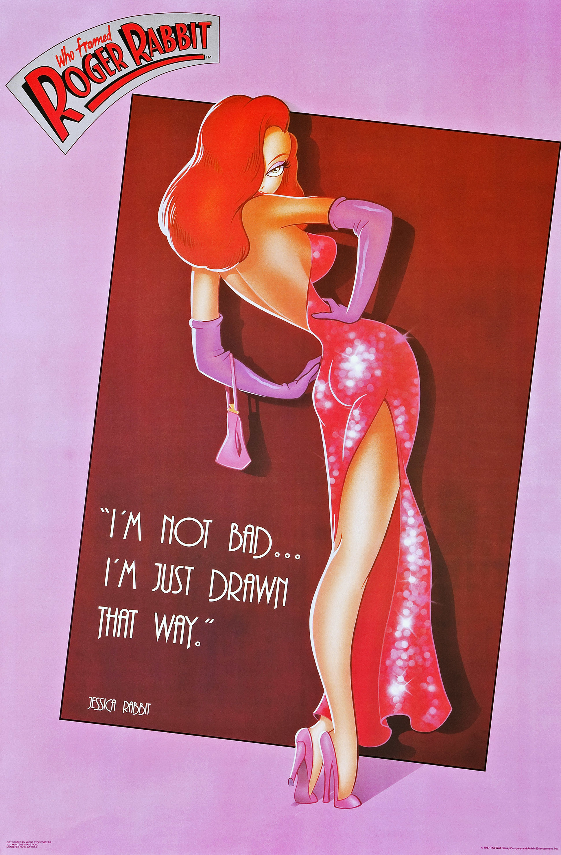 Jessica Rabbit in a sequin dress with a thigh-high slit and high heels. Text: "I'm not bad&hellip; I'm just drawn that way." from Who Framed Roger Rabbit