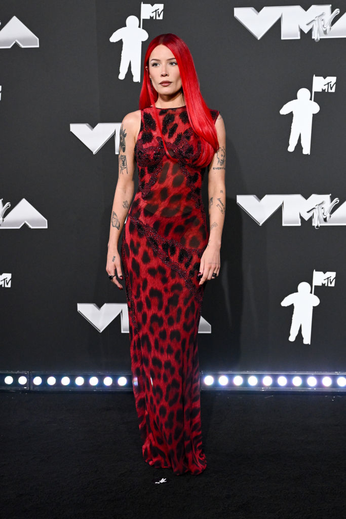 Halsey on the red carpet at the VMAs, wearing a sleeveless leopard print dress