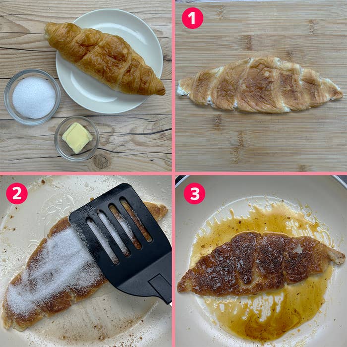 クロワッサンを使った簡単なレシピの手順。1. クロワッサンを準備する。2. フライパンでクロワッサンに砂糖をまぶす。3. カラメル状になるまで焼く。