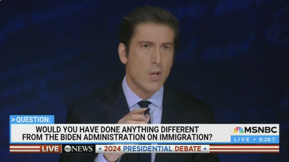 David Muir moderates the 2024 presidential debate on MSNBC, asking about differences from the Biden administration on immigration