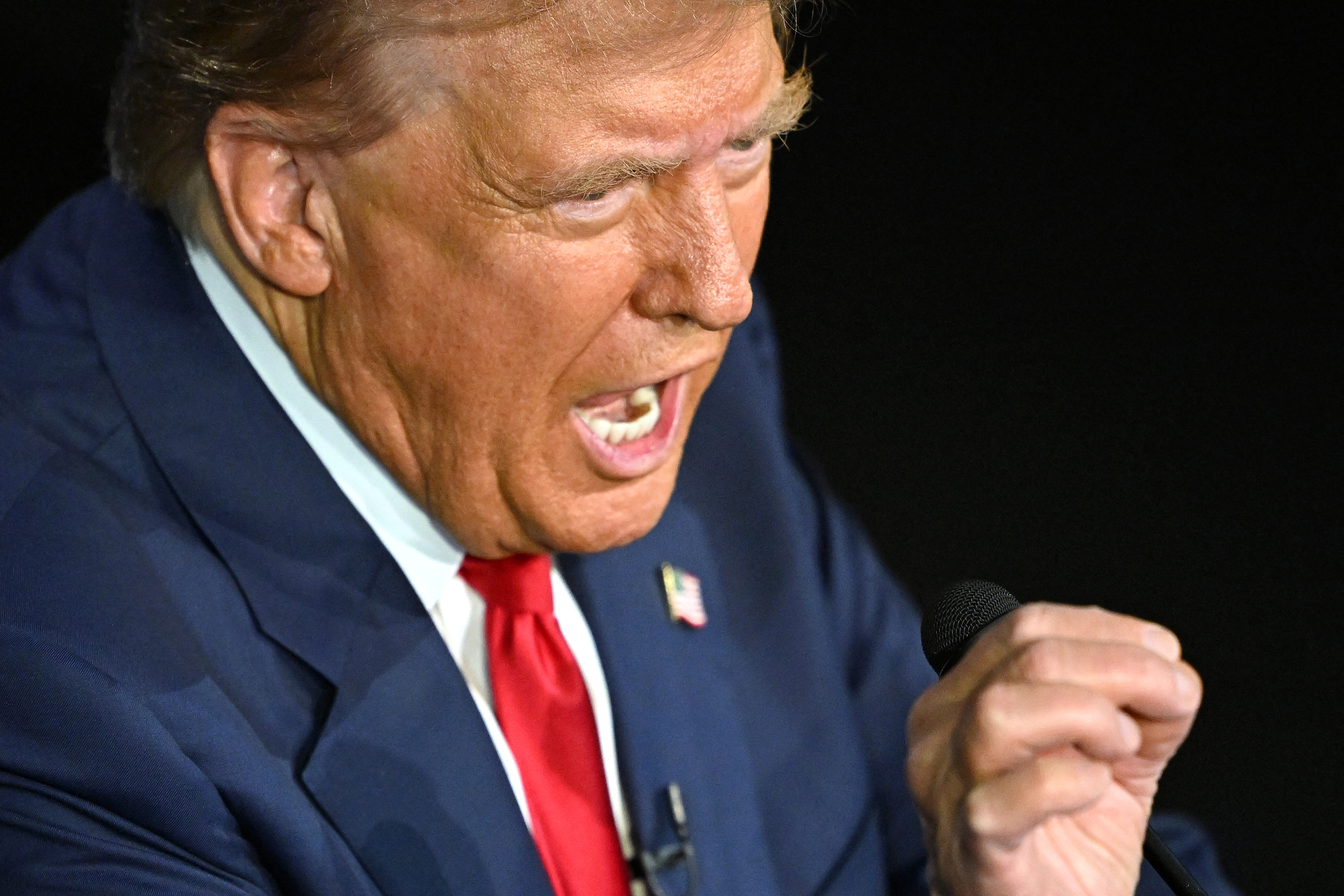 Donald Trump speaking passionately at an event, wearing a suit with a red tie. His hand is raised as he emphasizes his point