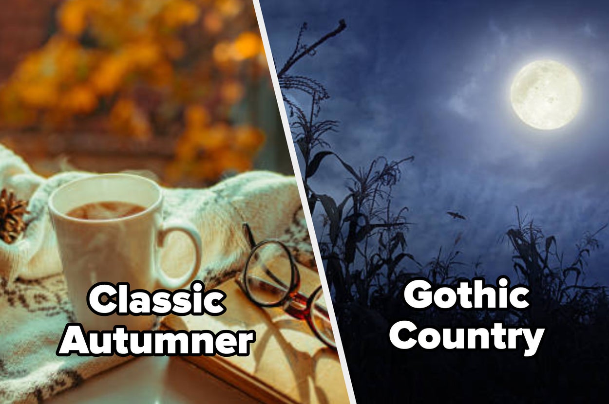On the left, shows a cozy scene with a cup of hot drink, a pair of eyeglasses, and warm surroundings labeled Classic Autumn, and on the right a moonlit, eerie field with dark corn stalks and a clear sky labeled Gothic Country