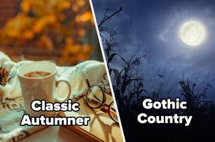 Split image: Left side labeled "Classic Autumn" shows a cozy scene with a cup of hot drink, a pair of eyeglasses, and warm surroundings. Right side labeled "Gothic Country" shows a moonlit, eerie field with dark corn stalks and a clear sky