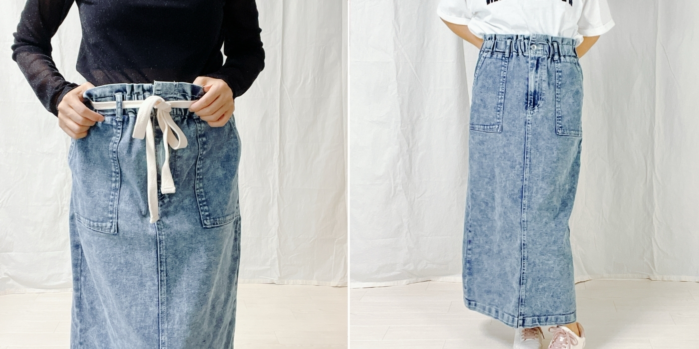 しまむらのオススメのスカート「デニムBツキナローSK」