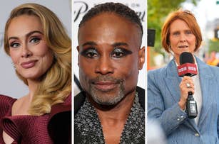 Adele, Billy Porter, and a woman with short red hair and a BBC microphone, are pictured. Adele wears a stylish, off-the-shoulder dress. Billy Porter has sparkly eye makeup
