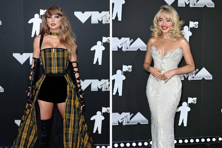 Taylor Swift in a plaid dress with thigh-high boots; Sabrina Carpenter in a strapless gown at the VMAs